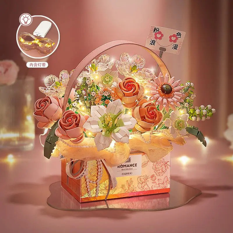 Moonlit Heaven Pink Eternal Jewel Rose Bouquet Block Toy Game Set