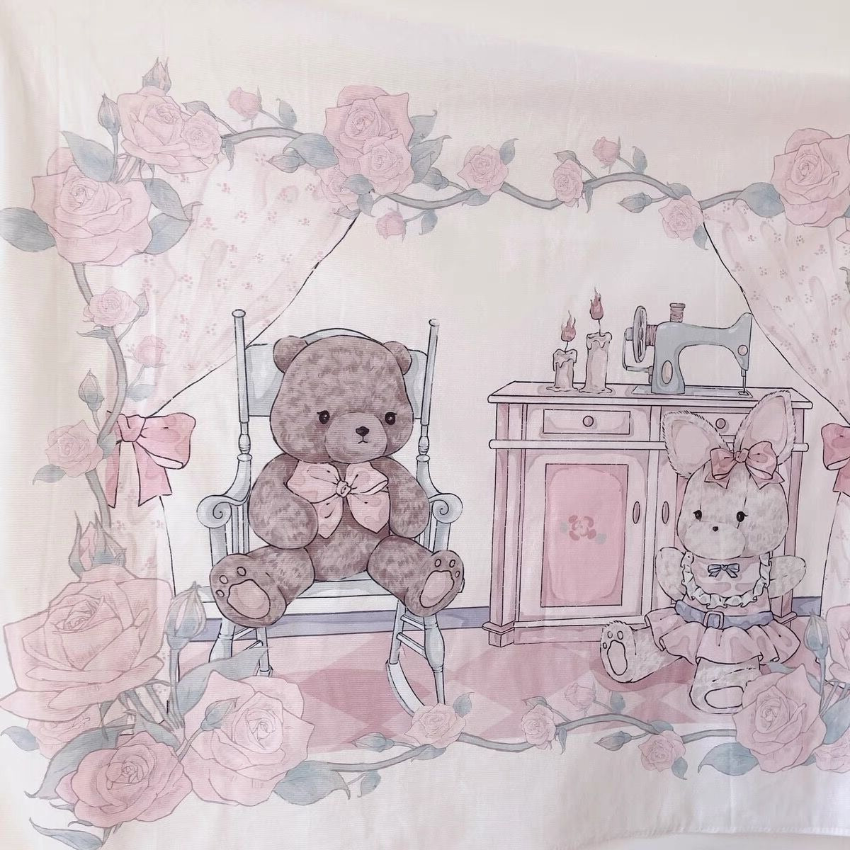 Rosy Bunny and Teddy's Playtime Shabby Chic Cottagecore Fairycore Princesscore Coquette Kawaii Wall Art Tapestry Decor