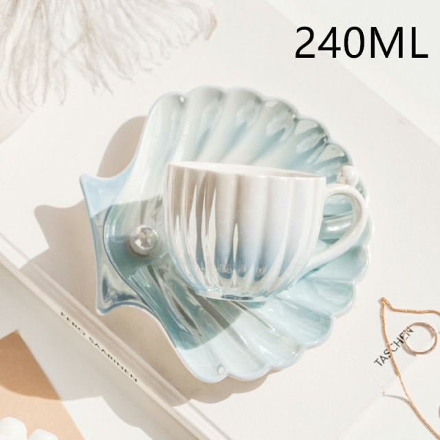Pearlescent Kingdom of the Merfolk Fairycore Princesscore Cottagecore Mug Cup with Optional Dish and Stirrer